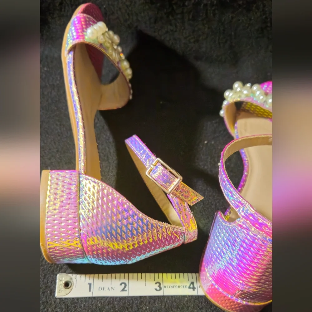 INC GIRLS Pink Iridescent Pearl-Embellished Ankle Strap Sandals - Size 3 to 4